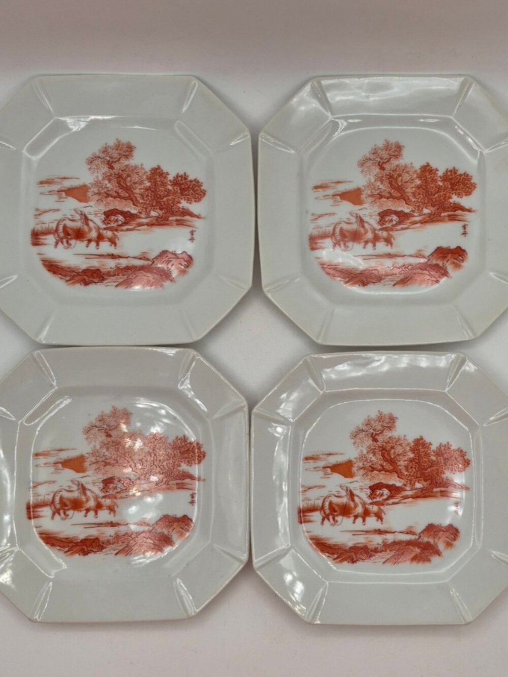 Chinese Farmer on Buffalo Red Landscape Octagonal Plates - Set of 4